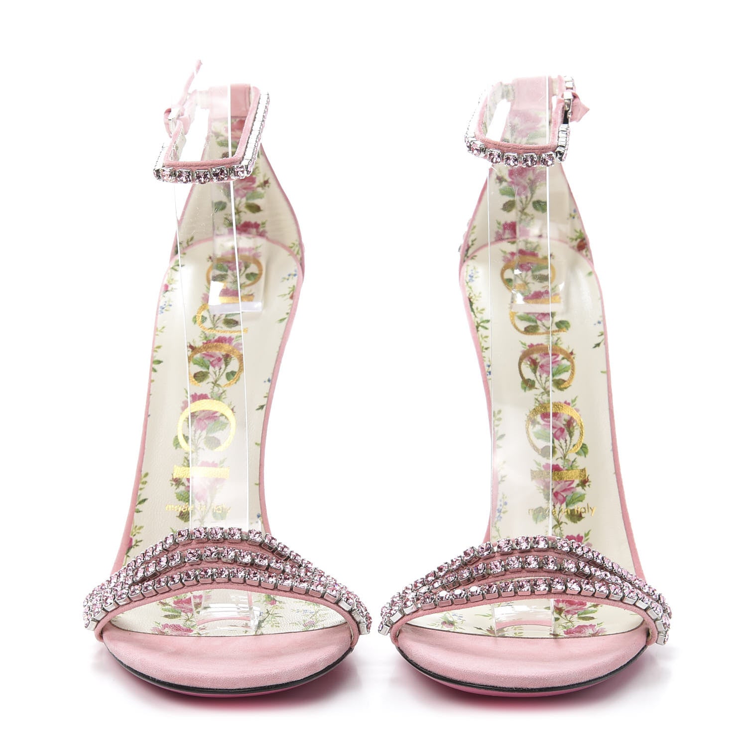 Gucci Kid Scamosciato Crystal Ankle Strap High Heel Sandals 37.5 Light Rose Light Peonia 2 of 9