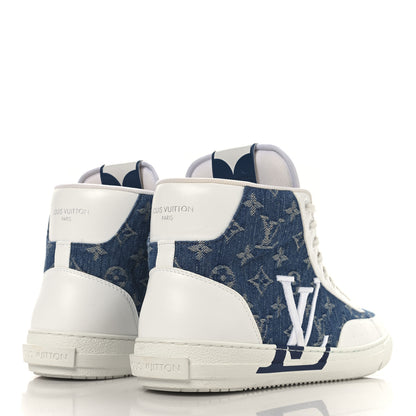 Louis Vuitton Calfskin Monogram Denim Mens Charlie High Top Sneakers 9 White Blue 5 of 9