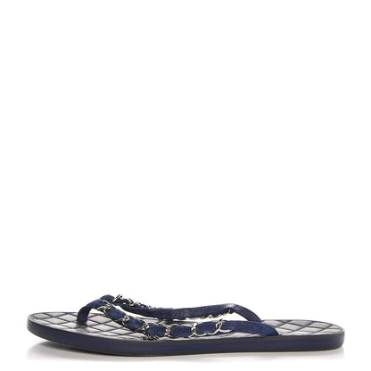 Chanel Suede Calfskin Quilted Chain Thong Sandals 38 Navy Blue 1 of 9