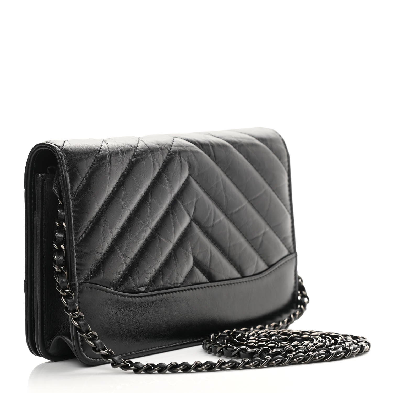 Chanel Aged Calfskin Chevron Quilted Gabrielle Wallet On Chain WOC Black 3 of 15