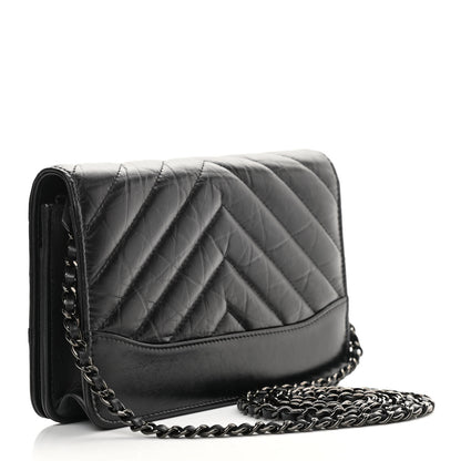 Chanel Aged Calfskin Chevron Quilted Gabrielle Wallet On Chain WOC Black 3 of 15