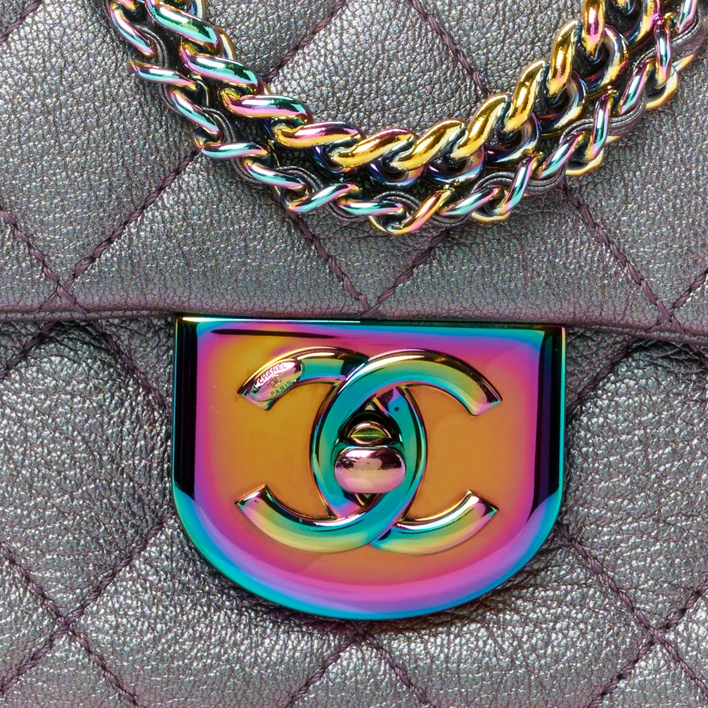 Iridescent Goatskin Quilted Small Double Carry Waist Chain Flap Purple