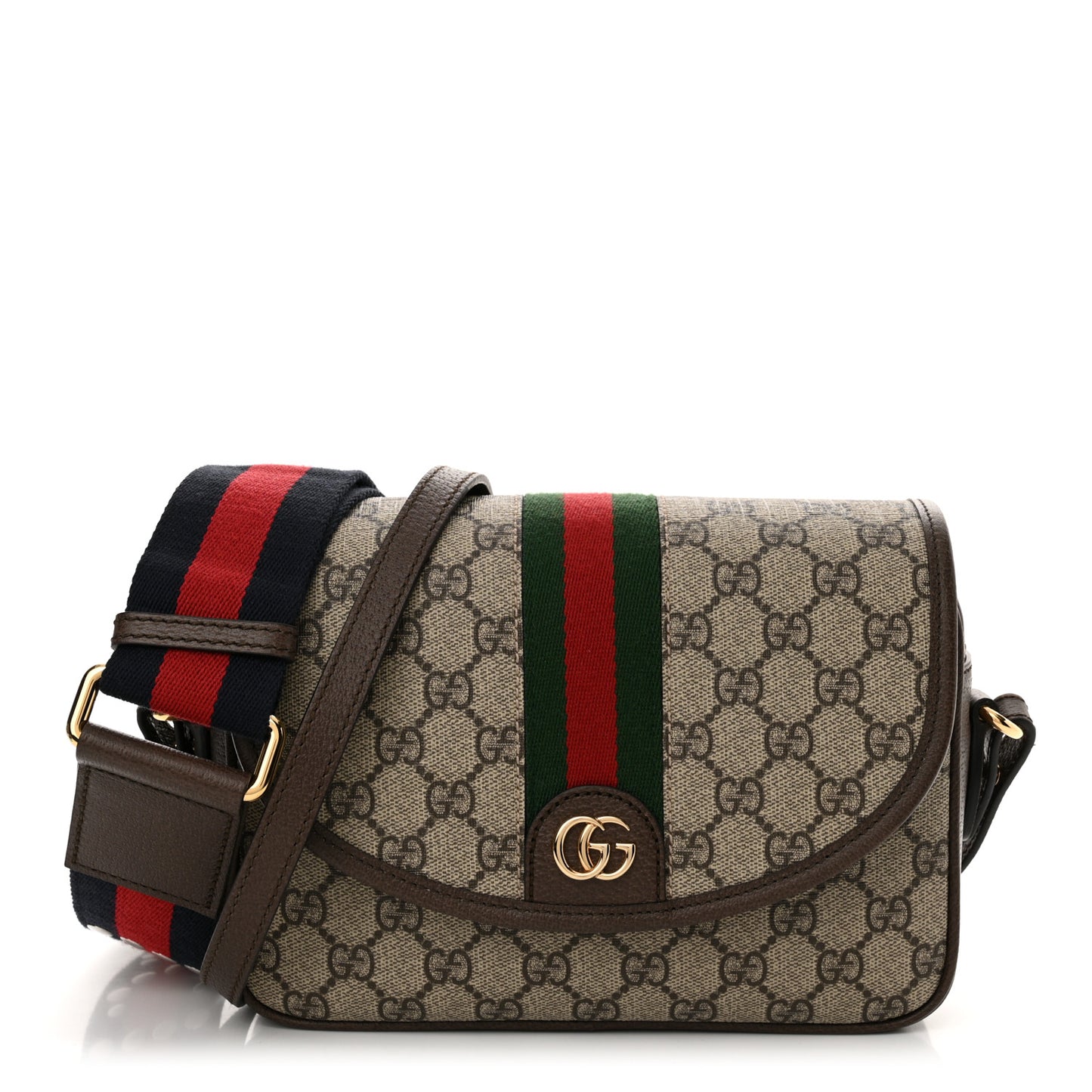 GG Supreme Monogram Textured Dollar Calfskin Web Studded Mini Ophidia Flap Shoulder Bag  Beige Ebony New Acero