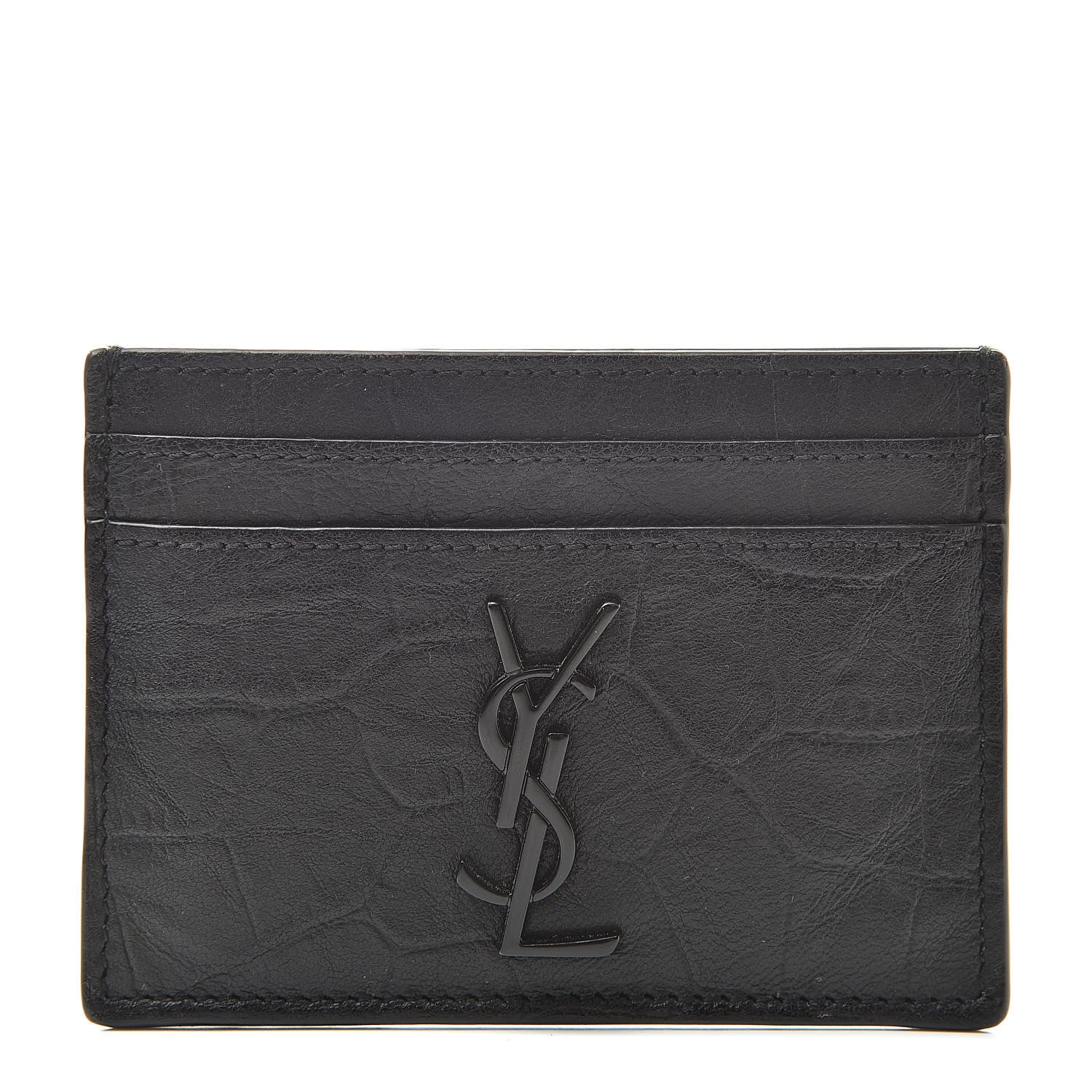 Saint Laurent Calfskin Crocodile Embossed Monogram Credit Card Case Black 1 of 8
