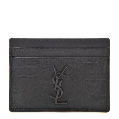 Saint Laurent Calfskin Crocodile Embossed Monogram Credit Card Case Black 1 of 8