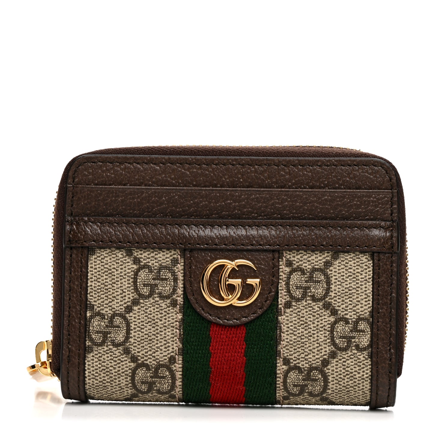 GG Supreme Monogram Textured Dollar Calfskin Web Ophidia Zip Around Card Case Wallet Beige Ebony New Acero
