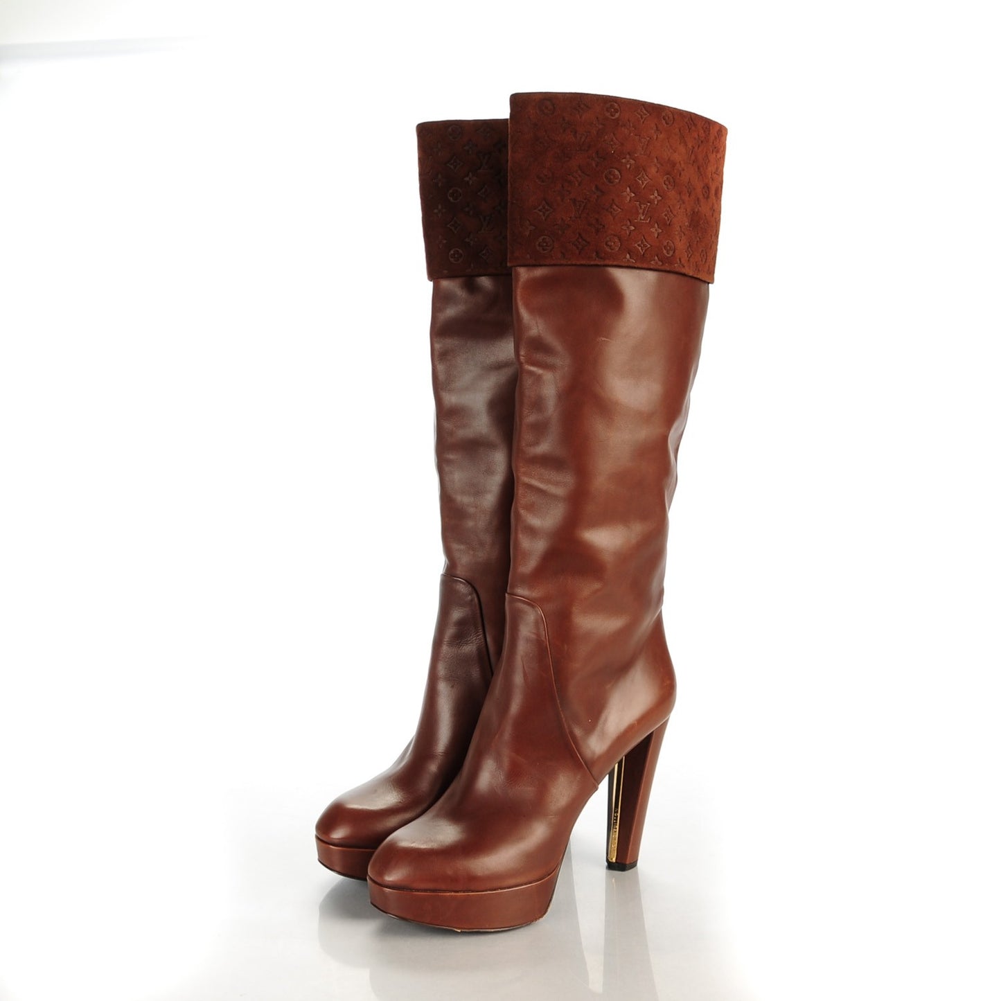 Calfskin Suede Monogram Over The Knee Heeled Boots 39 Brown