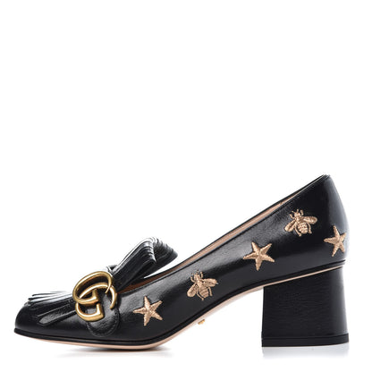 Gucci Quentin Goatskin Bee Star Embroidered GG Marmont Fringe 50mm Loafer Pumps 37 Black 1 of 12