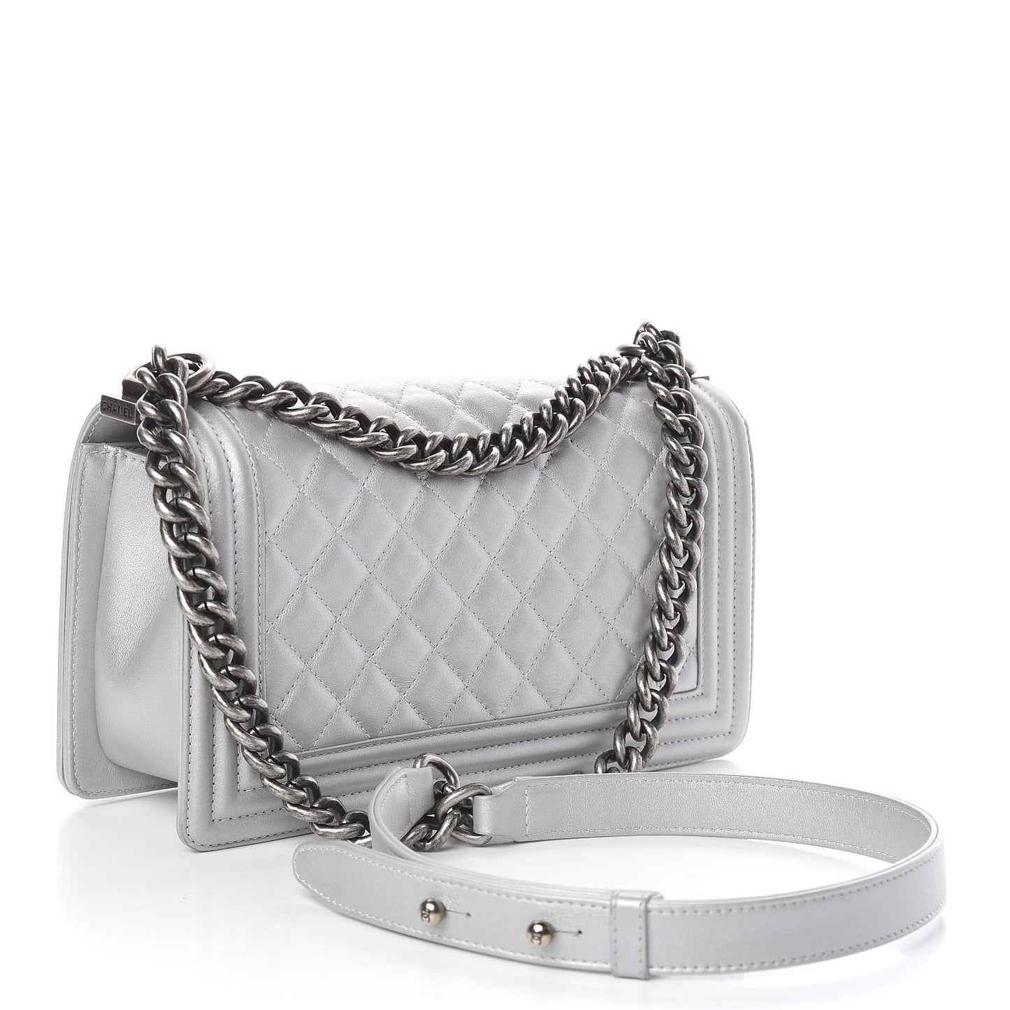 Metallic Calfskin Quilted Medium Boy Flap Silver