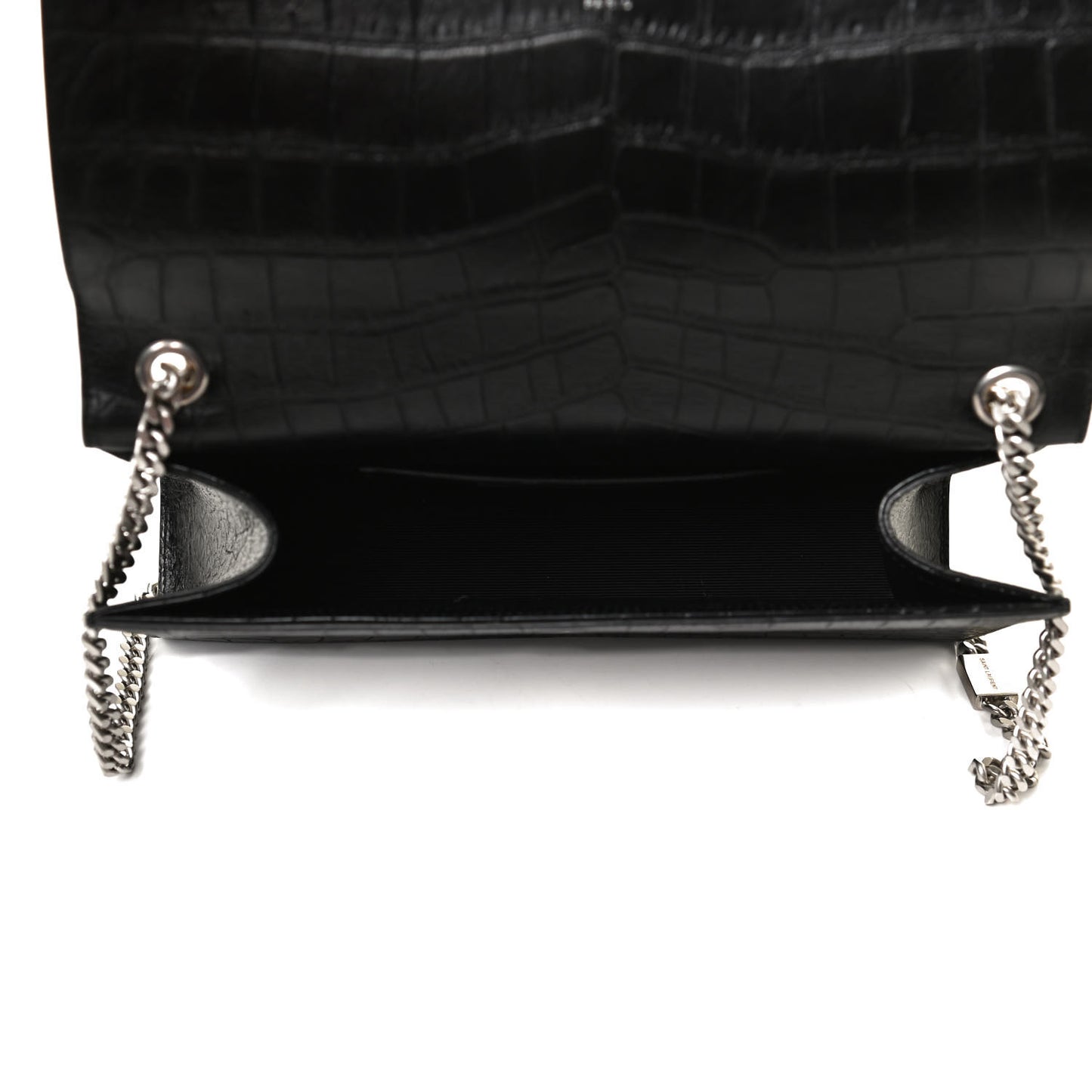 Calfskin Crocodile Embossed Medium Classic Monogram Kate Tassel Satchel Black