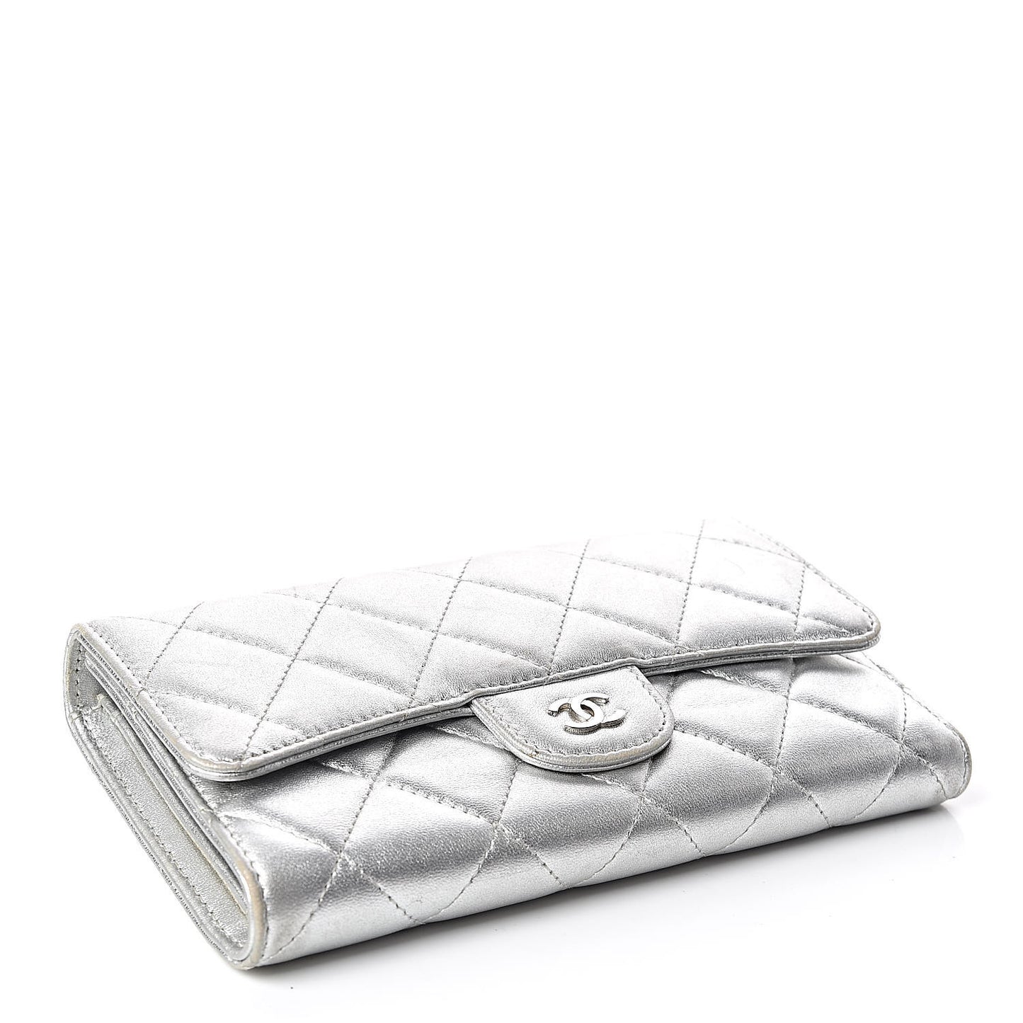 Metallic Lambskin Quilted Long Flap Wallet Silver