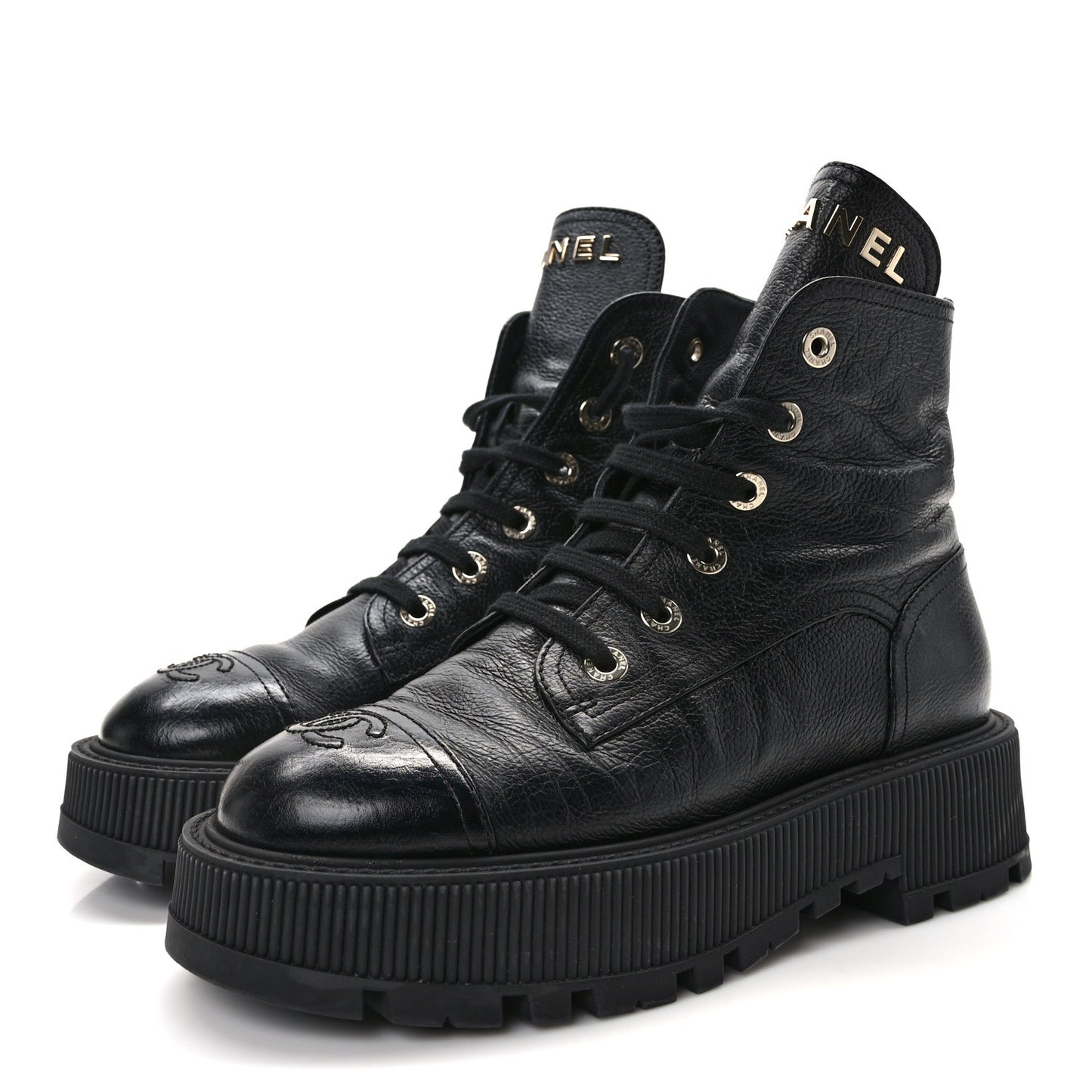 Grained Shiny Calfskin CC Lace Up Combat Boots 38 Black