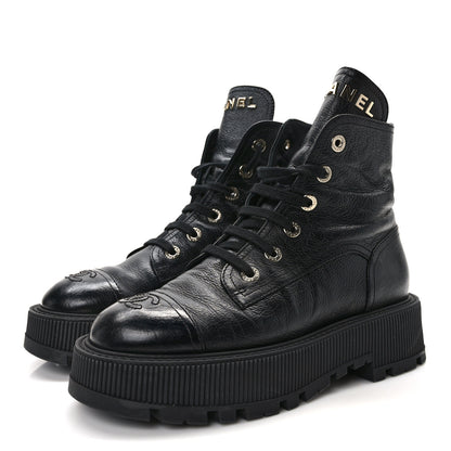Chanel Grained Shiny Calfskin CC Lace Up Combat Boots 38 Black 3 of 11