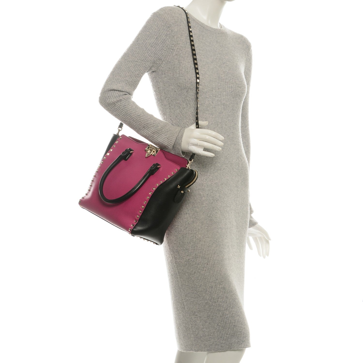 Valentino Garavani Vitello Bi-Color Rockstud Double Handle Tote Fuxia Black 2 of 6
