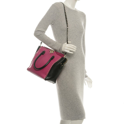 Valentino Garavani Vitello Bi-Color Rockstud Double Handle Tote Fuxia Black 2 of 6