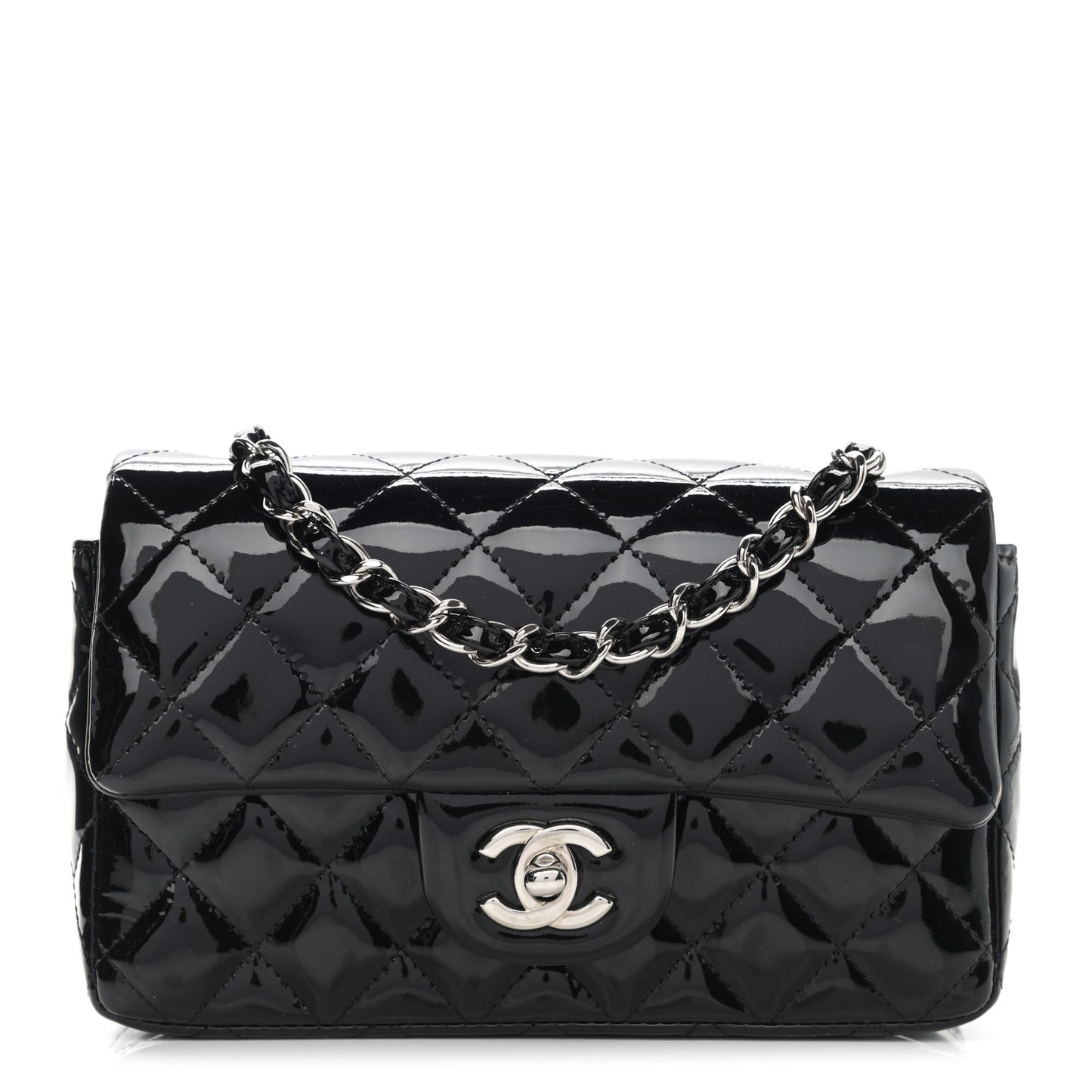 Patent Calfskin Quilted Mini Rectangular Flap Black