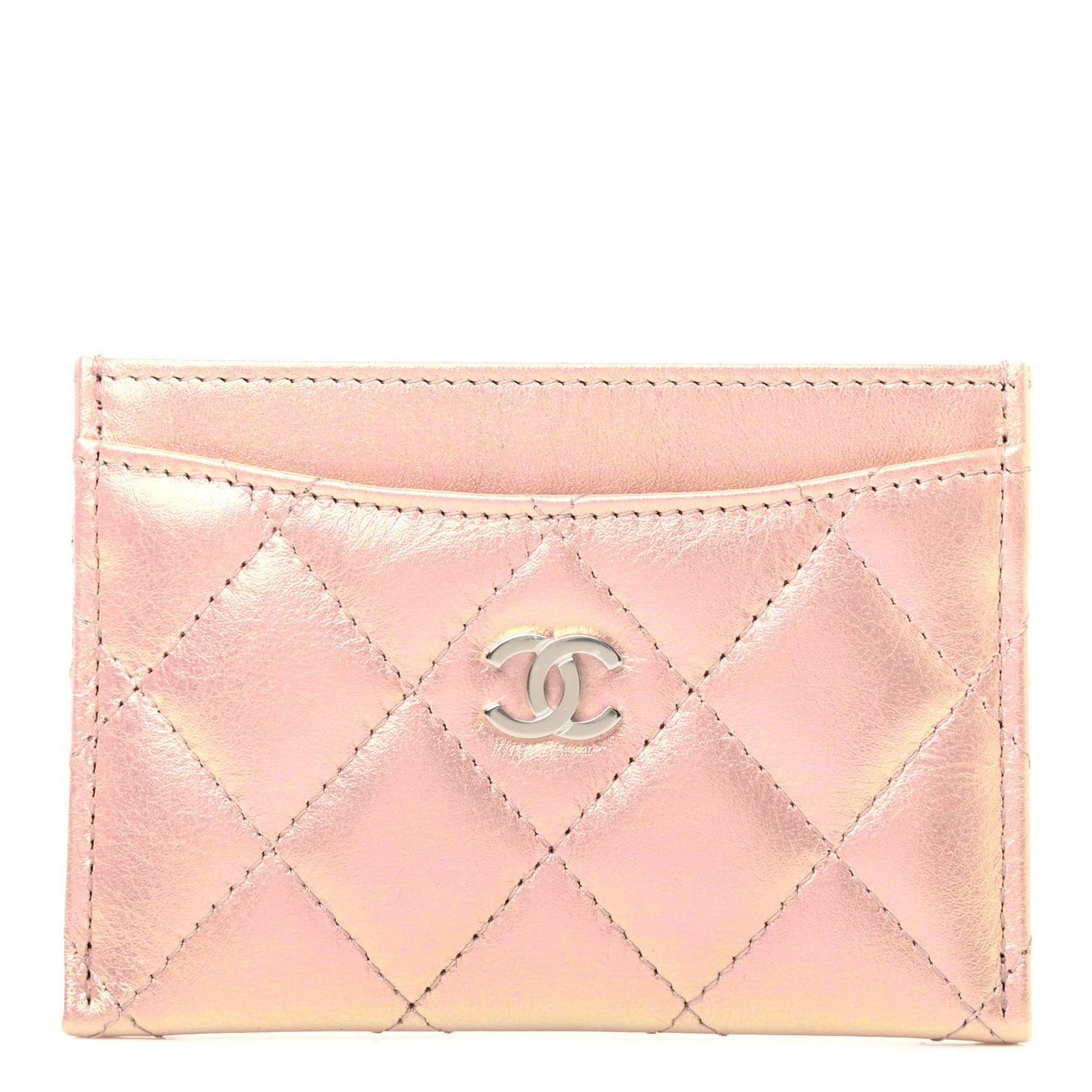 Iridescent Calfskin Quilted Card Holder Pink