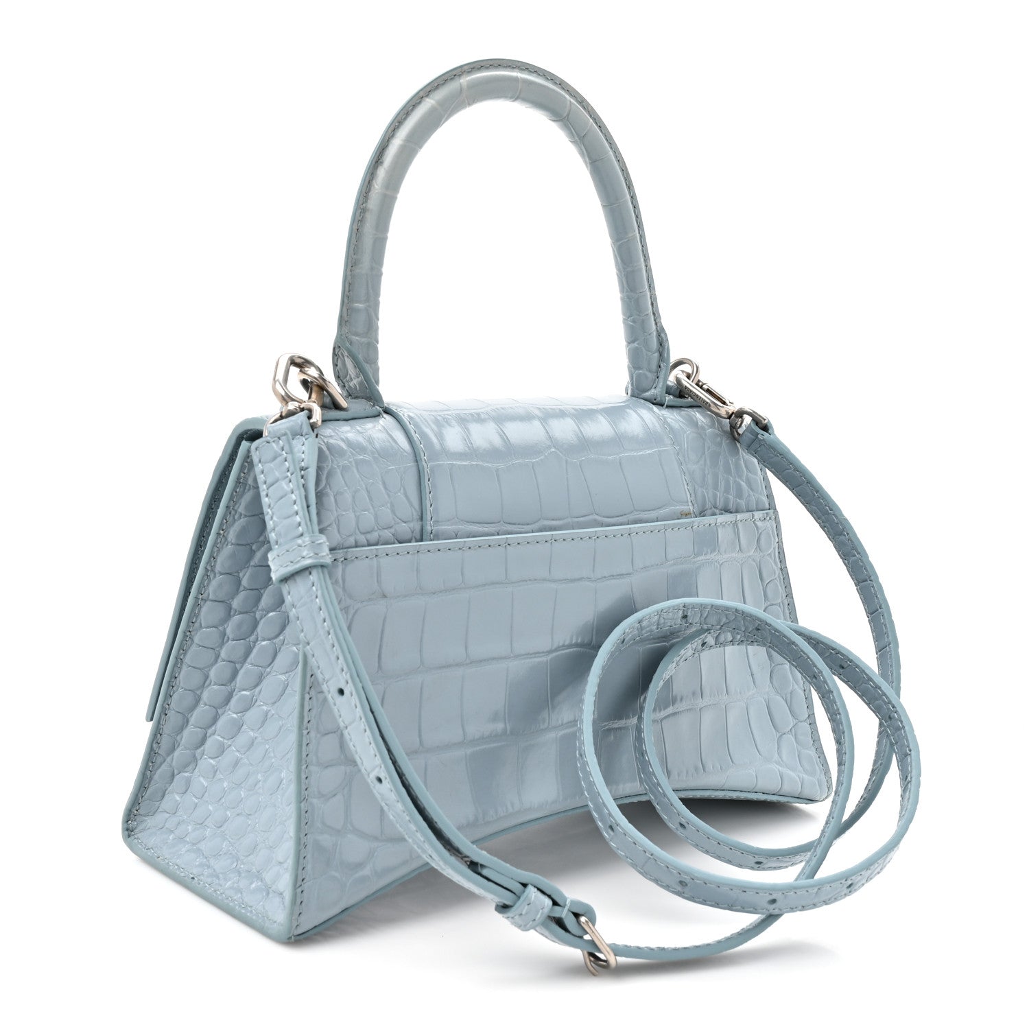 Balenciaga Shiny Calfskin Crocodile Embossed Small Hourglass Top Handle Bag Blue Grey 3 of 16