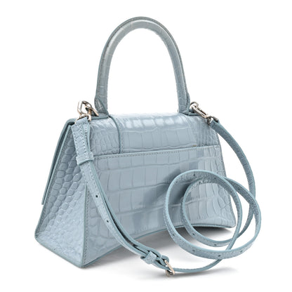Balenciaga Shiny Calfskin Crocodile Embossed Small Hourglass Top Handle Bag Blue Grey 3 of 16