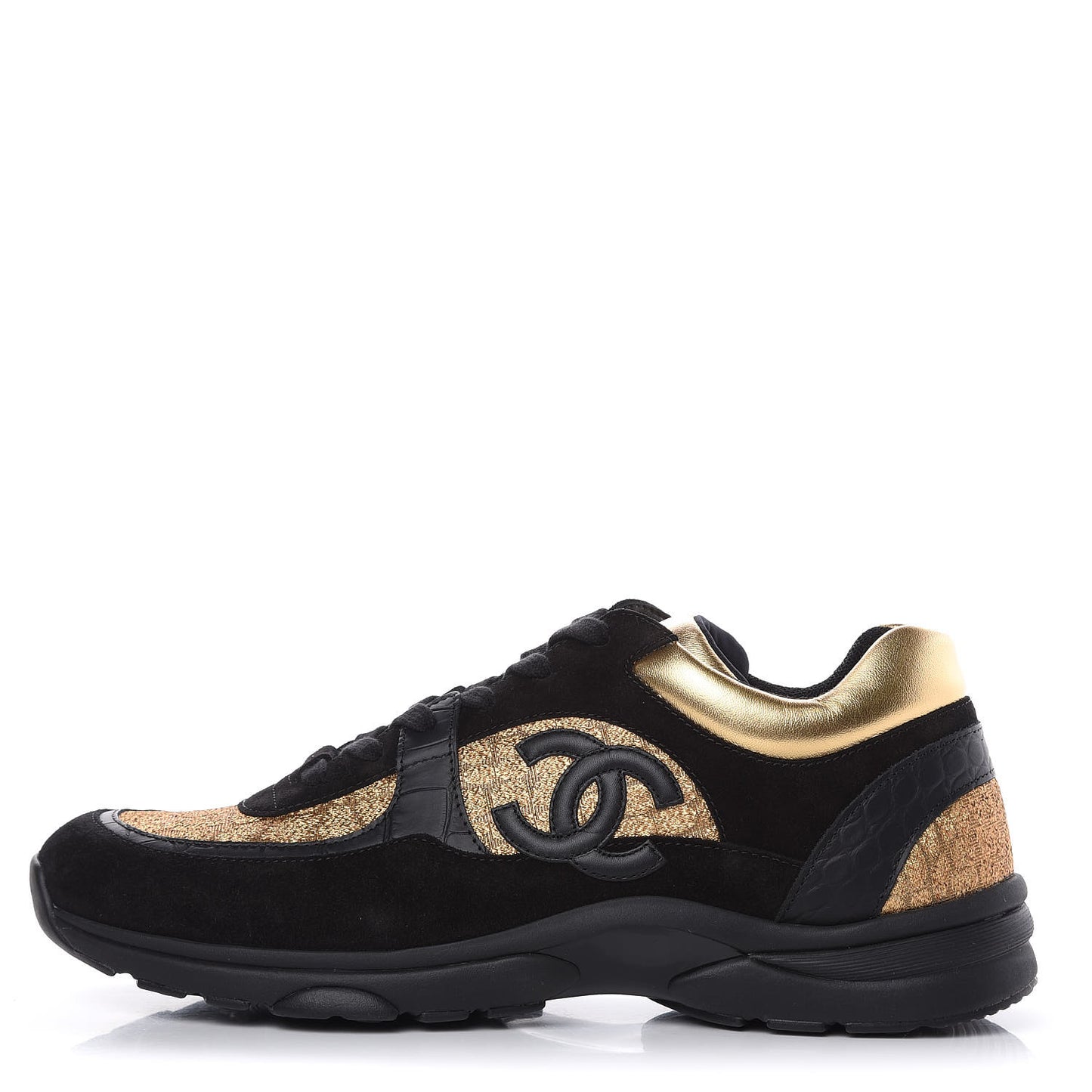 Kid Suede Croc Calfskin Embossed Metallic Fabric Mens Sneakers 46 Black Gold