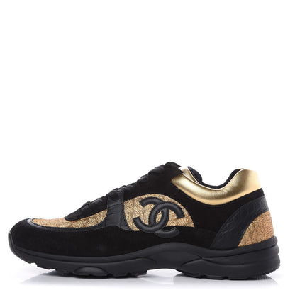 Chanel Kid Suede Croc Calfskin Embossed Metallic Fabric Mens Sneakers 46 Black Gold 1 of 8