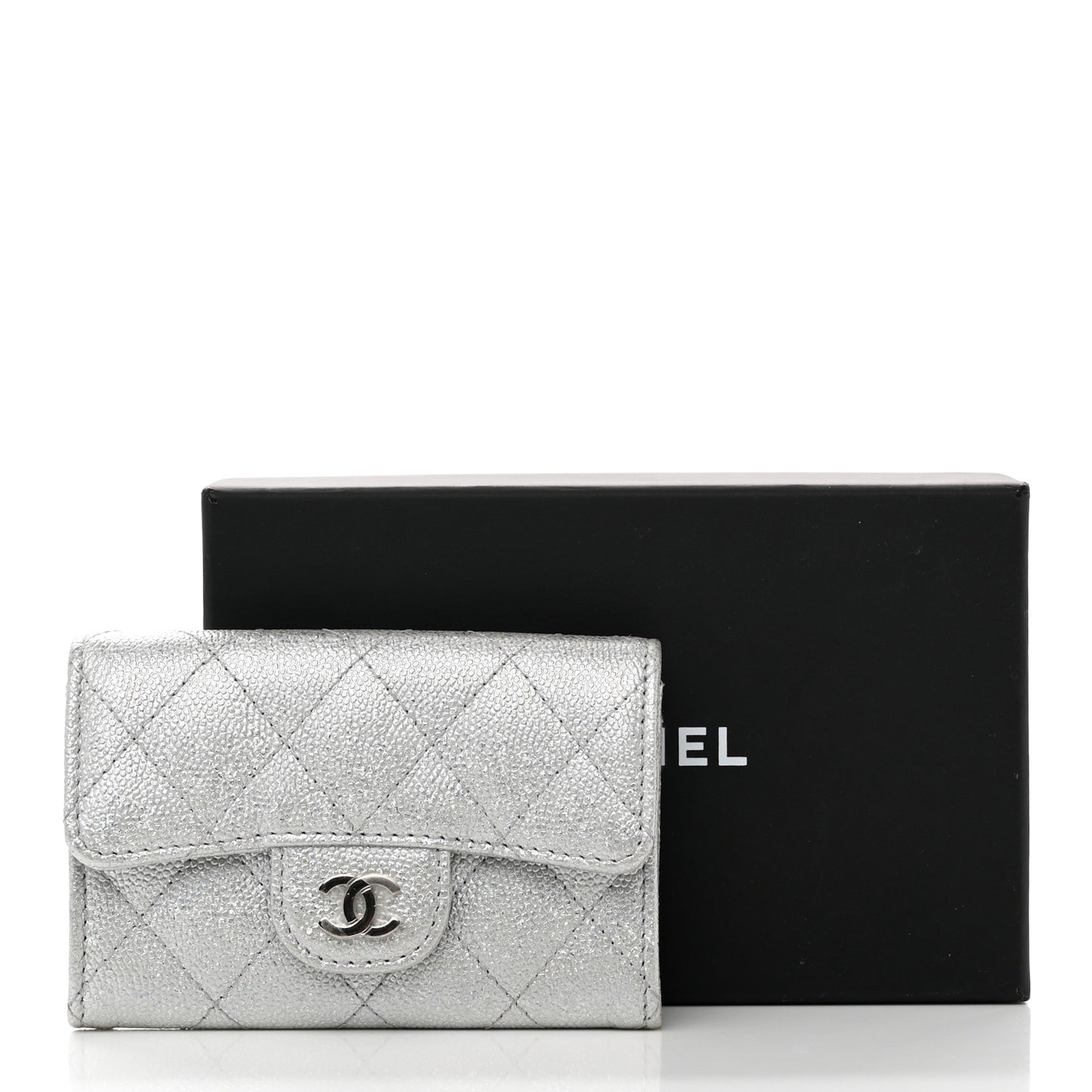 Glittered Metallic Caviar Quilted Flap Card Holder Wallet Silver