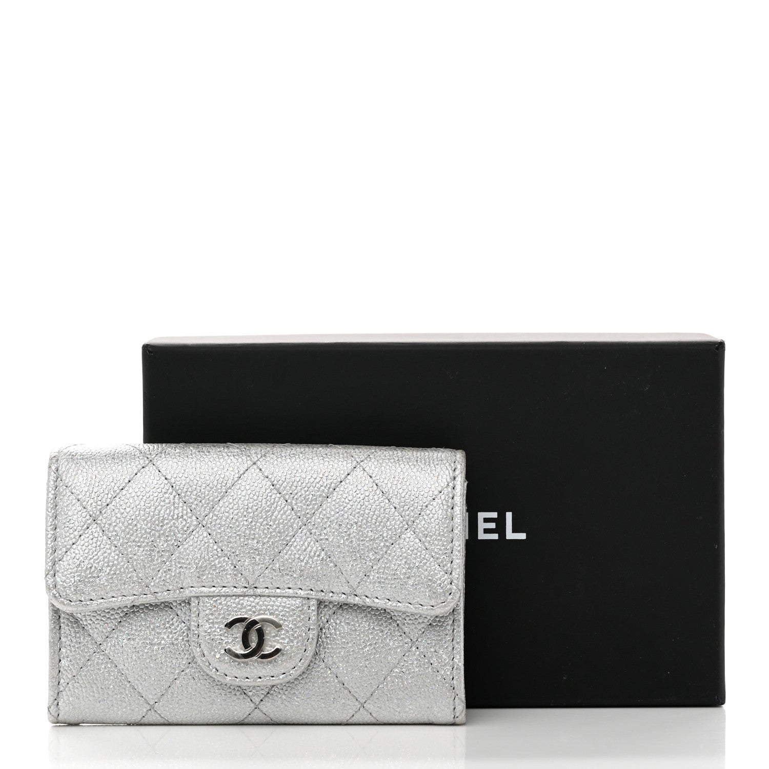 Chanel Glittered Metallic Caviar Quilted Flap Card Holder Wallet Silver 9 of 9
