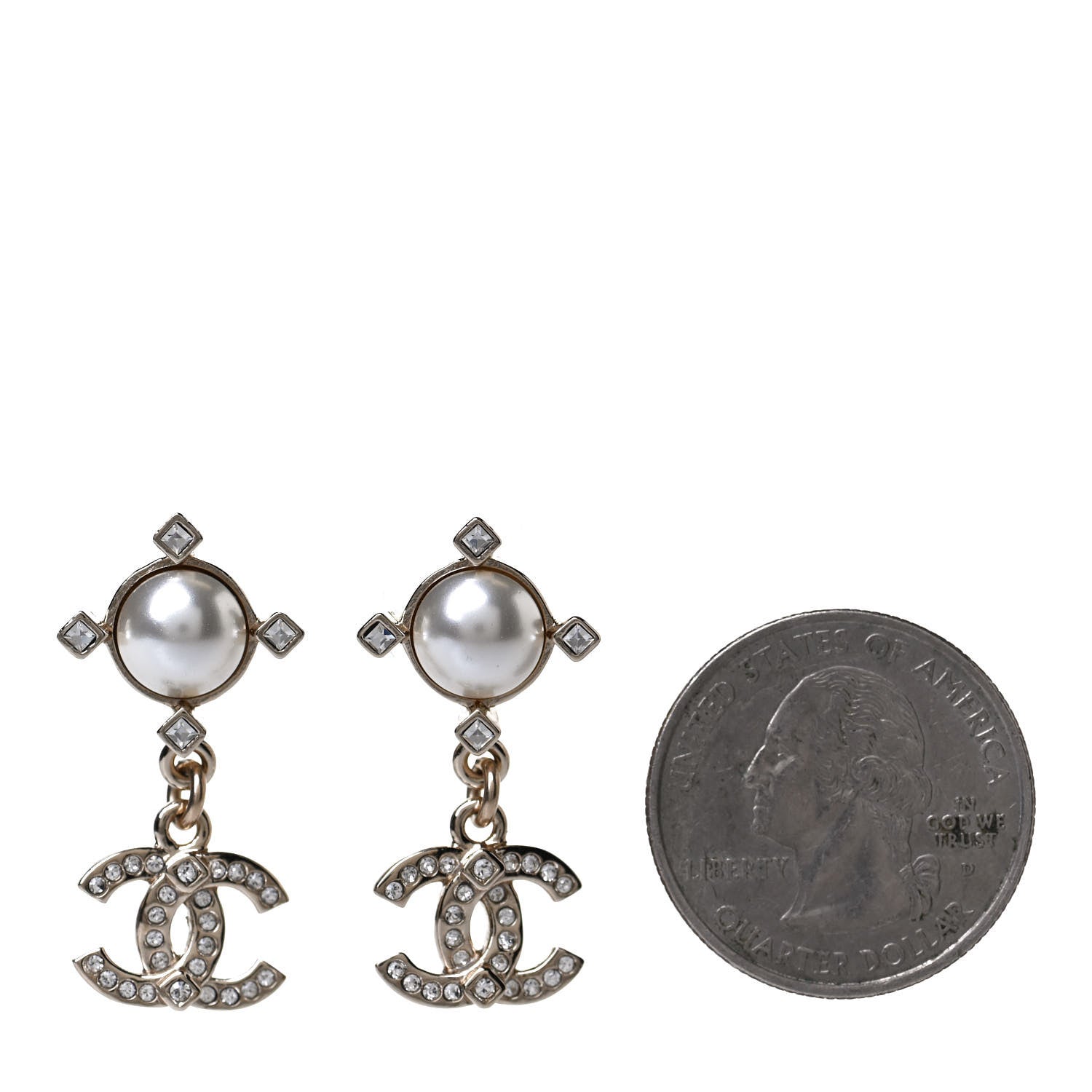 Chanel Crystal Pearl CC Drop Earrings Gold 2 of 5