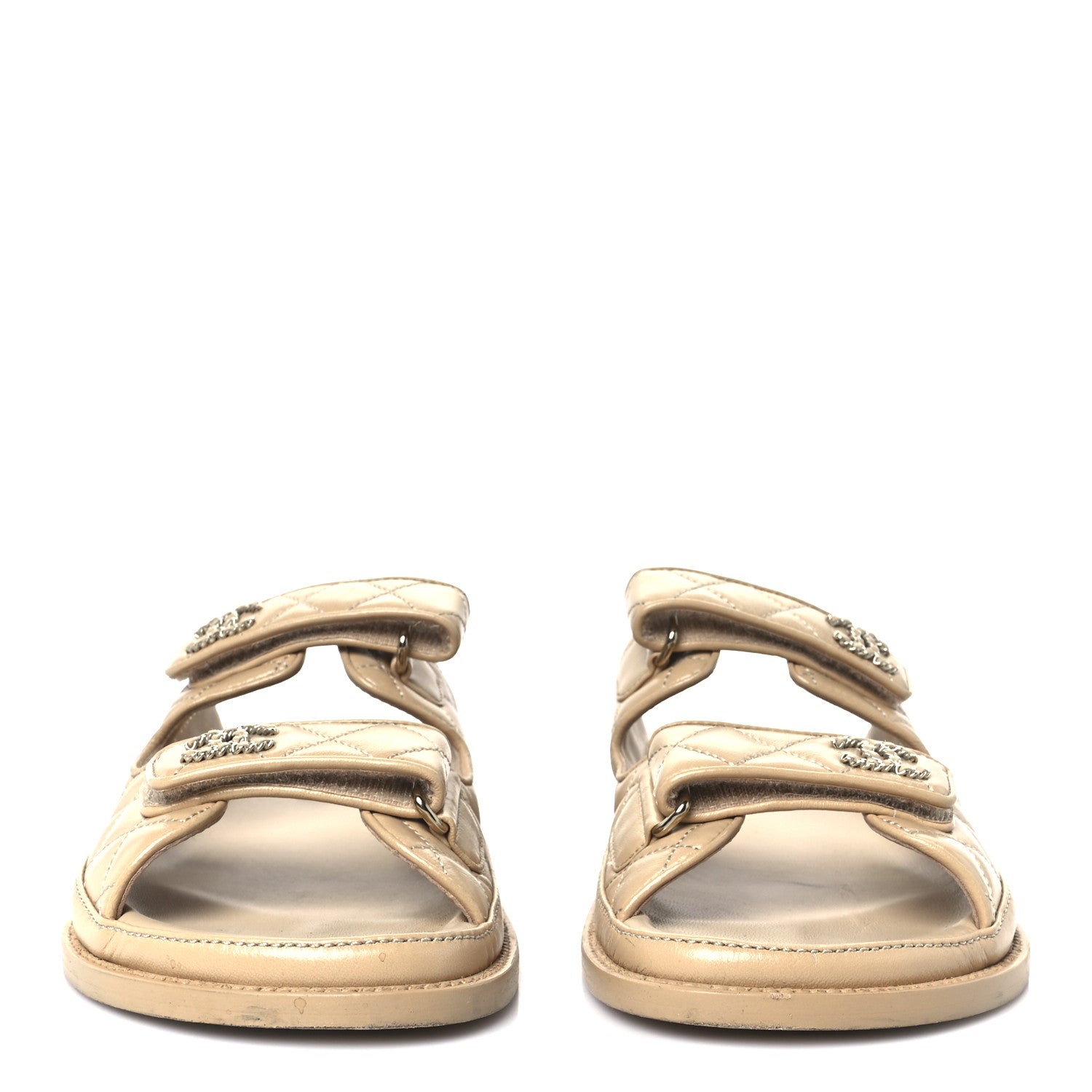 Chanel Lambskin Quilted Velcro Dad Chain CC Slide Sandals 39.5 Beige 3 of 9