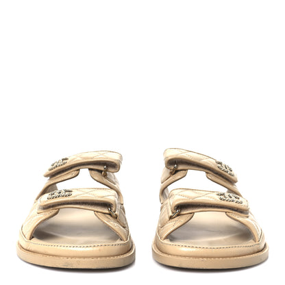 Chanel Lambskin Quilted Velcro Dad Chain CC Slide Sandals 39.5 Beige 3 of 9