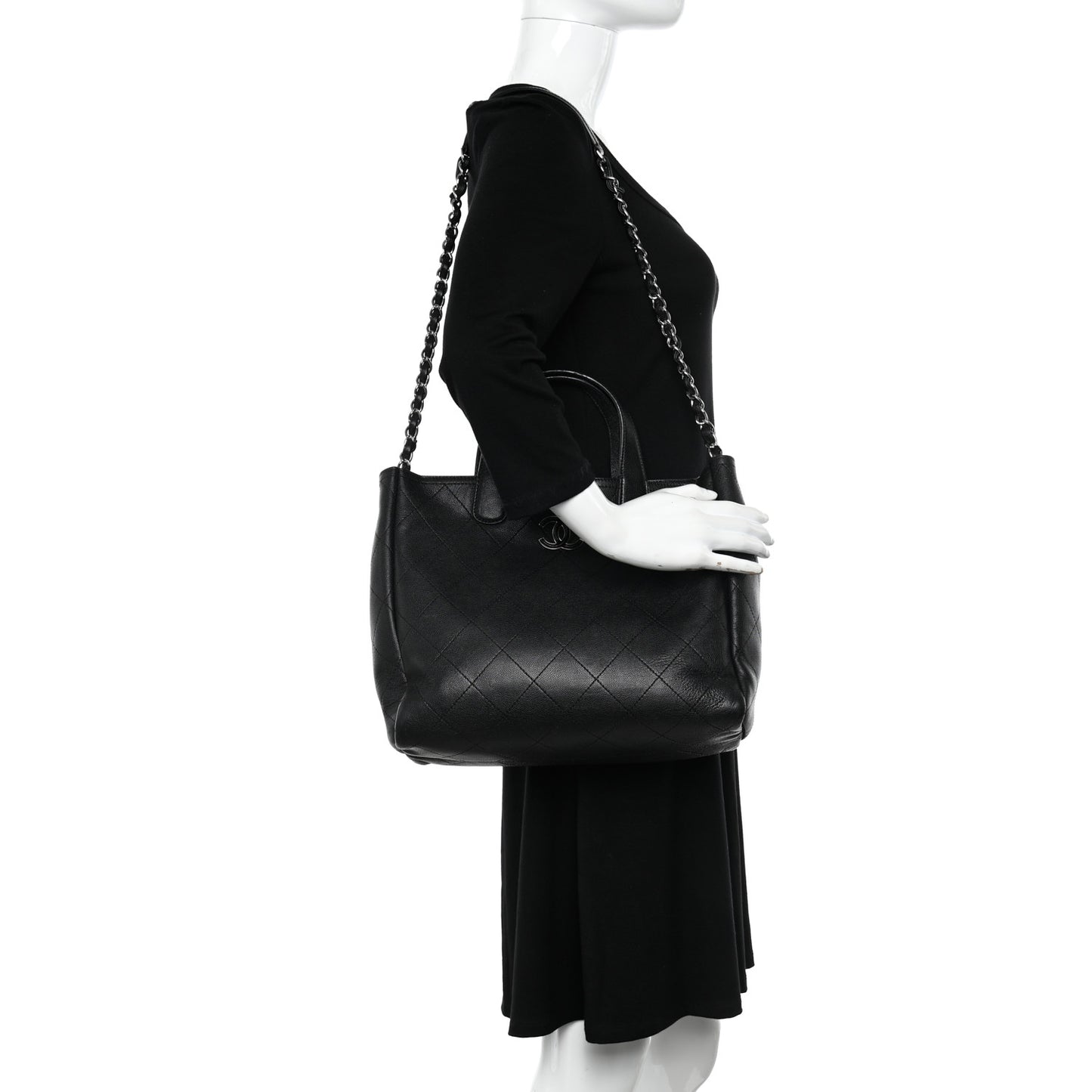Caviar Stitched Large Lady Coco Shopping Tote Black