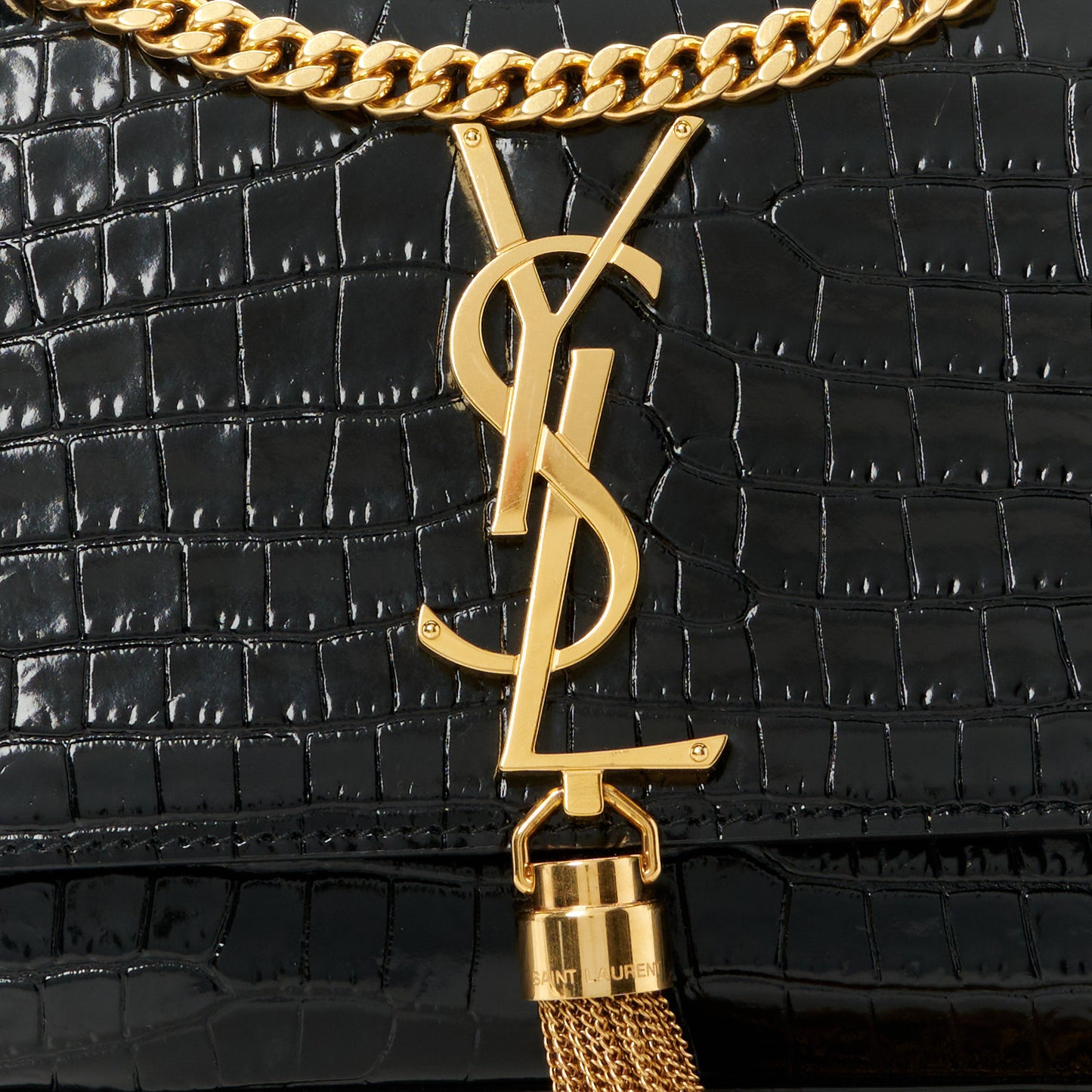 Calfskin Crocodile Embossed Small Classic Monogram Kate Tassel Satchel Black