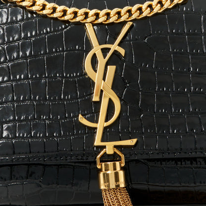 Saint Laurent Calfskin Crocodile Embossed Small Classic Monogram Kate Tassel Satchel Black 9 of 11