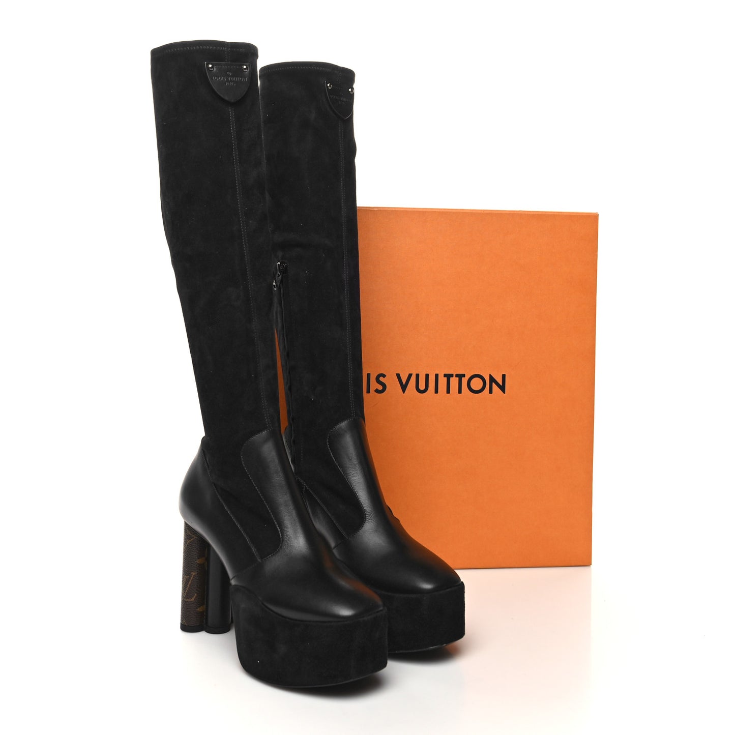 Suede Calfskin Monogram Podium Platform Thigh Boots 36 Black