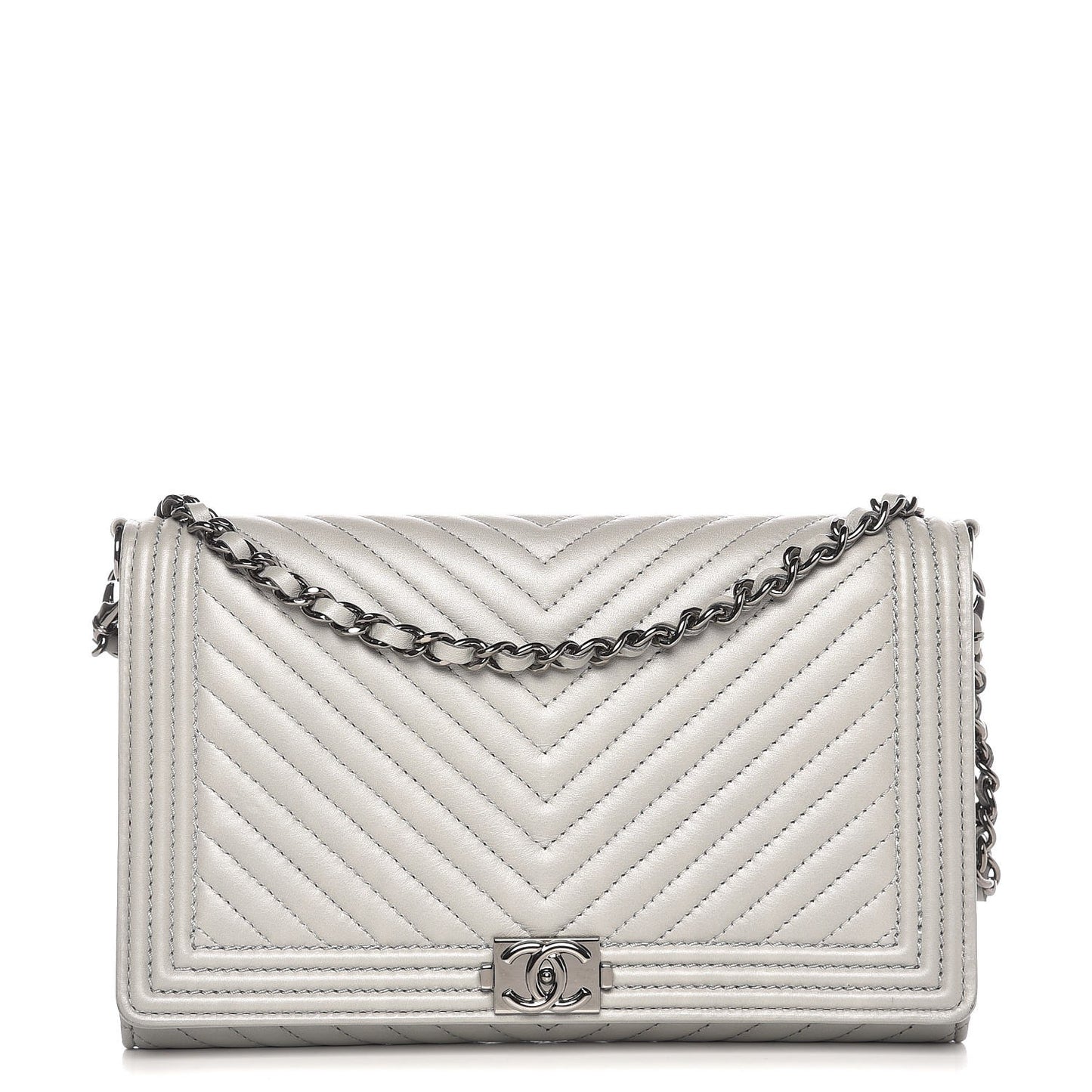 Calfskin Chevron Quilted Boy Wallet On Removable Chain WOC Grey