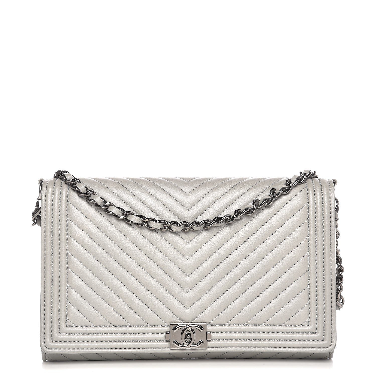 Chanel Calfskin Chevron Quilted Boy Wallet On Removable Chain WOC Grey 1 of 11