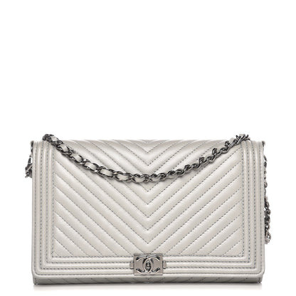Chanel Calfskin Chevron Quilted Boy Wallet On Removable Chain WOC Grey 1 of 11