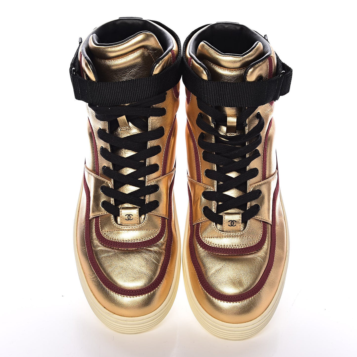 Metallic Satin Lambskin Mens Logo High Top Sneakers 44 Gold Burgundy