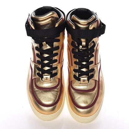Chanel Metallic Satin Lambskin Mens Logo High Top Sneakers 44 Gold Burgundy 13 of 14