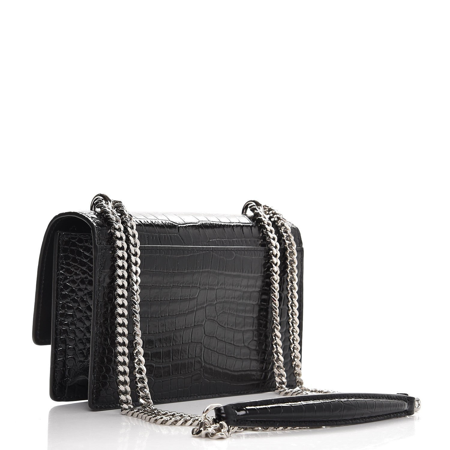 Saint Laurent Calfskin Crocodile Embossed Monogram Sunset Chain Wallet Black 3 of 6