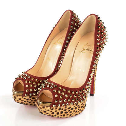 Christian Louboutin Veau Velours Calf Hair Leopard Lady Peep Spikes 150 Pumps 36.5 Red 3 of 7