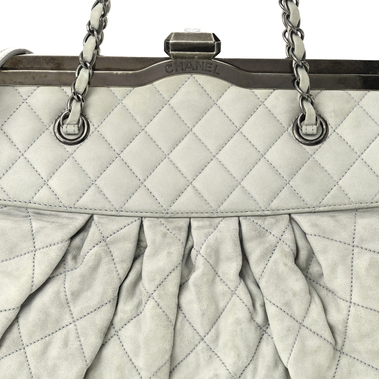 Iridescent Calfskin Chic Quilt Frame Tote Light Grey