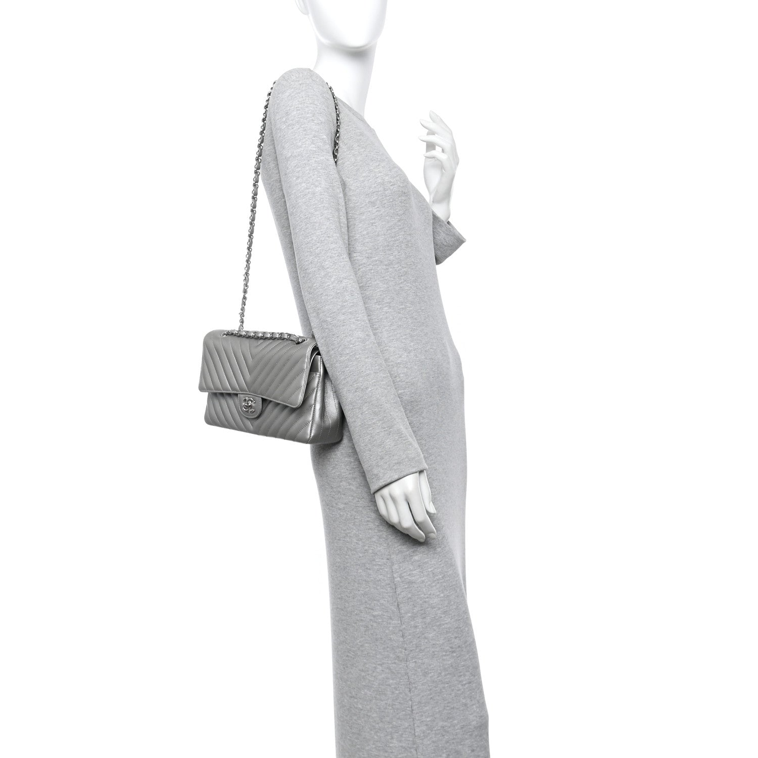 Chanel Metallic Caviar Chevron Quilted Medium Double Flap Silver 2 of 10