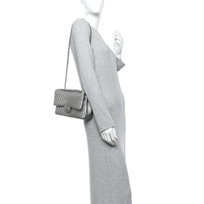 Chanel Metallic Caviar Chevron Quilted Medium Double Flap Silver 2 of 10