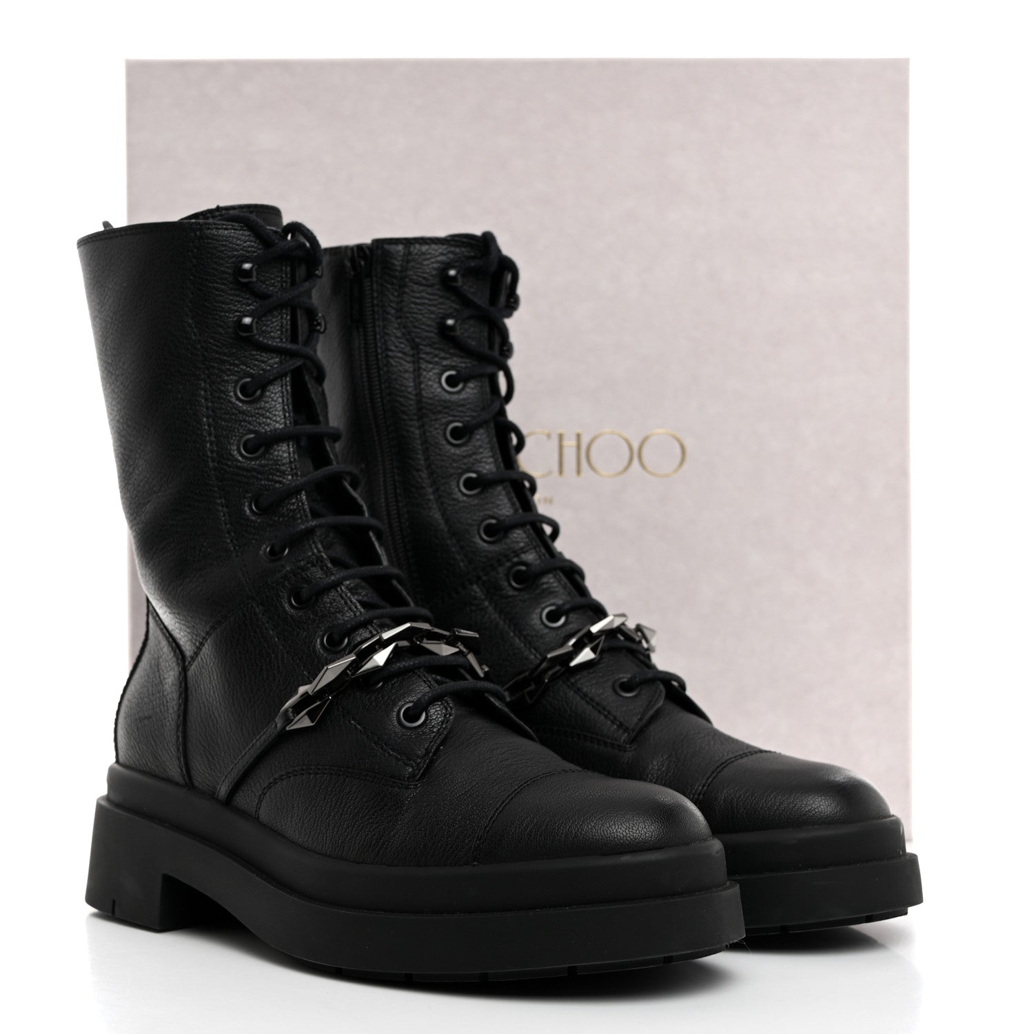 Jimmy Choo Grained Calfskin Nari Diamond Chain Flat Boots 39 Black Anthracite 8 of 8
