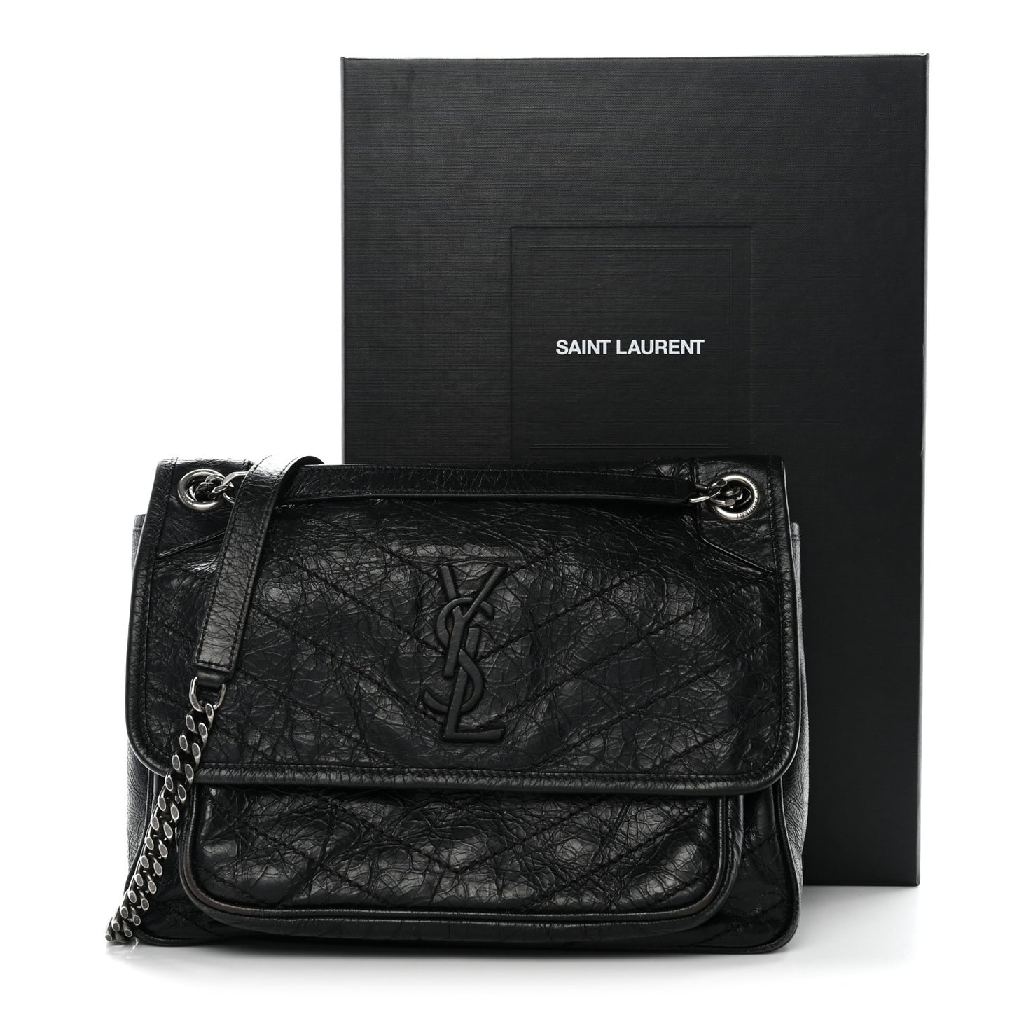 Crinkled Calfskin Matelasse Monogram Medium Niki Chain Satchel Black