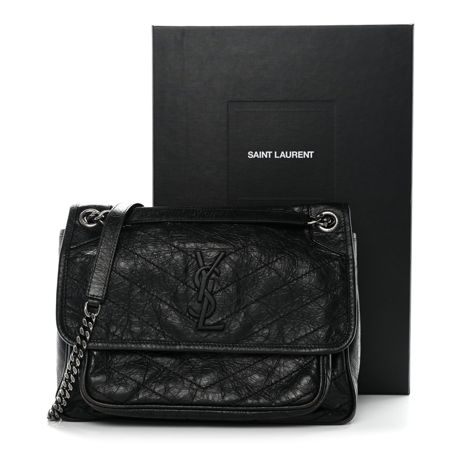 Saint Laurent Crinkled Calfskin Matelasse Monogram Medium Niki Chain Satchel Black 3 of 11