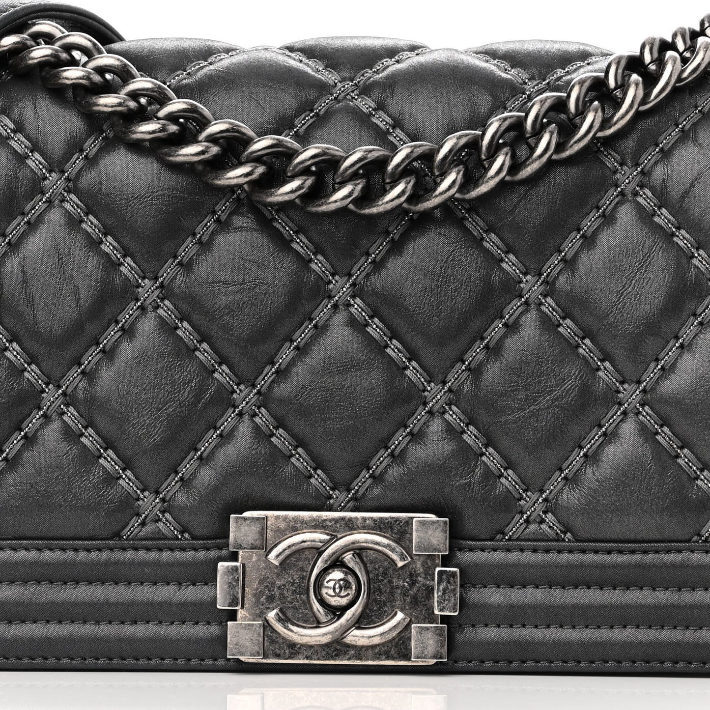 Iridescent Calfskin Embellished Double Stitch Medium Boy Flap Charcoal