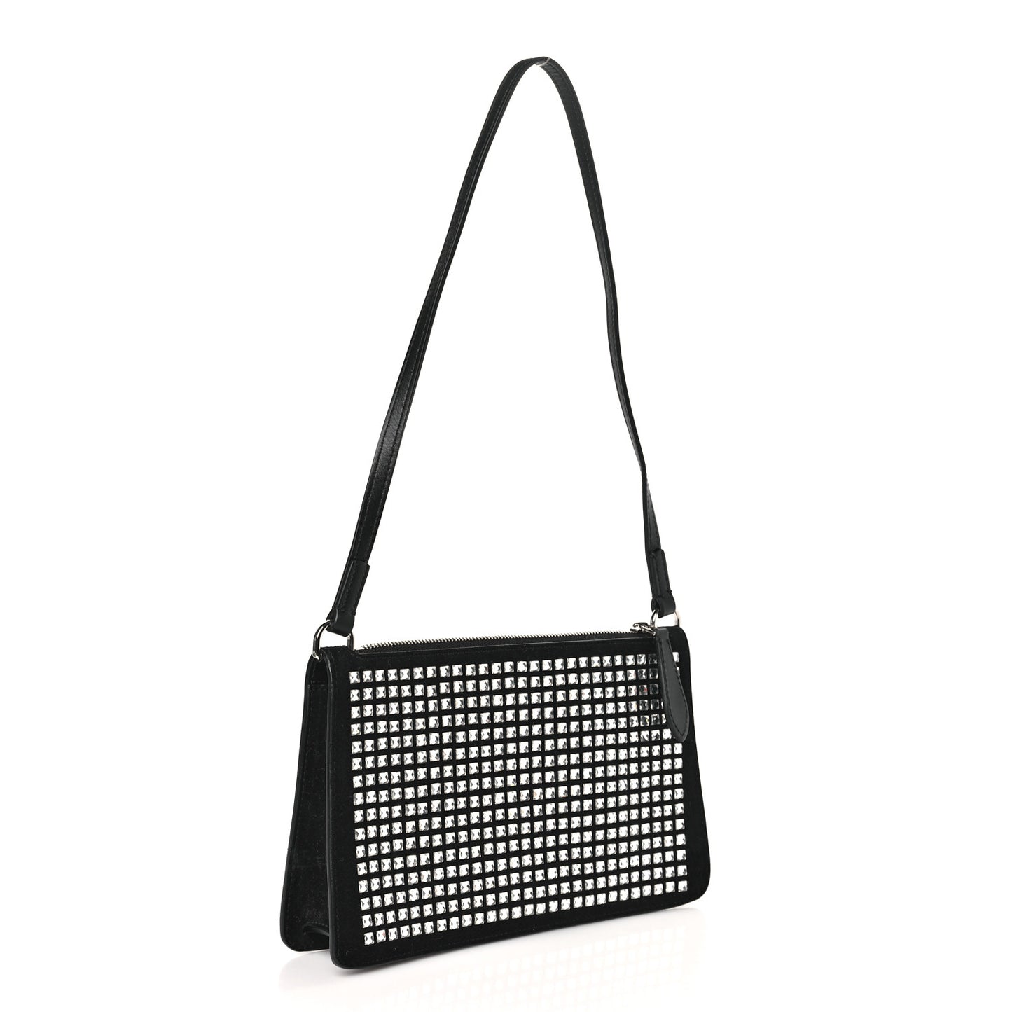 Suede Crystal Embellished TB Hotfix Shoulder Pouch Black