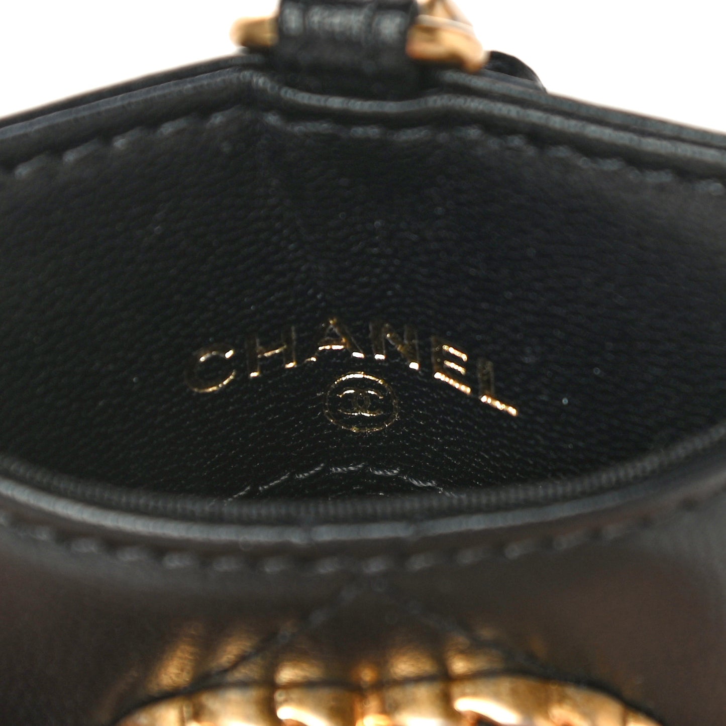 Shiny Goatskin Quilted Chanel 19 Card Holder On Chain Black